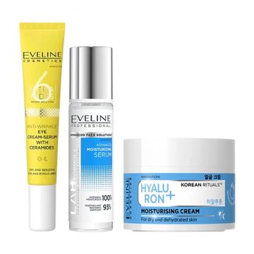 Set Eveline Cosmetics cu Crema de fata Hyaluron+ Korean Rituals 50 ml, Ser facial LAB Formula Advanced, hidratare intensa 30 ml si Crema-ser antirid pentru ochi 6 Ceramide 20 ml