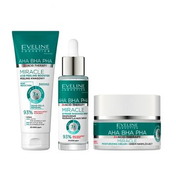 Set Eveline Cosmetics Miracle, cu Crema hidratanta 50 ml, Ser bifazic iluminator 30 ml si Exfoliant facial 75 ml