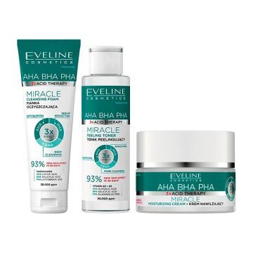 Set Eveline Cosmetics Miracle cu Crema hidratanta 50 ml, Spuma de curatare 150 ml si Toner exfoliant 200 ml