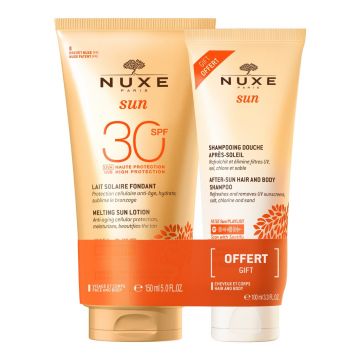 Set Nuxe Sun Lotiune cu protectie solara SPF30 pentru fata si corp, 150 ml + Sampon dupa expunere solara pentru par si corp, 100 ml