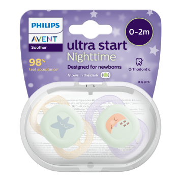 Suzete Ultra Start de noapte, Mov/Portocaliu, SCF075/07, 0-2 luni, 2 bucati, Philips Avent