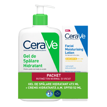 Pachet Gel de spalare hidratant, 473 ml + Crema hidratanta pentru fata cu SPF50, 52 ml, CeraVe