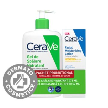 Pachet Gel de spalare hidratant 473ml + Crema hidratanta pentru fata cu SPF50 52ml, CeraVe