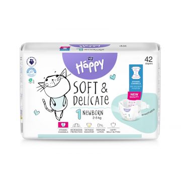 Scutece Happy Soft & Delicate 2-5kg New Born Marimea 1, 42 bucati, Bella Baby