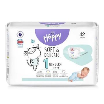 Scutece Happy Soft & Delicate 2-5kg New Born Marimea 1, 42 bucati, Bella Baby