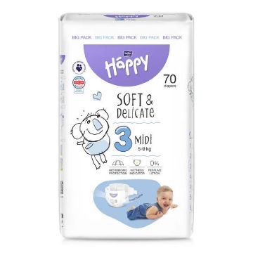 Scutece Happy Soft & Delicate 5-9 kg Midi Marimea 3, 70 bucati, Bella Baby