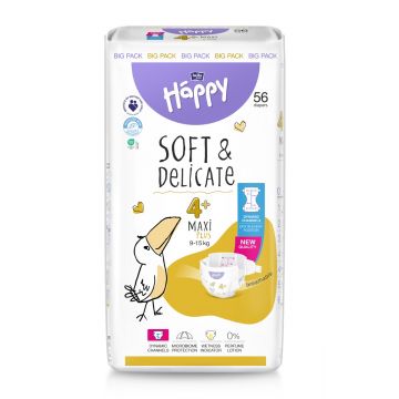 Scutece Happy Soft & Delicate 9-15 kg Maxi Plus Marimea 4+, 56 bucati, Bella Baby