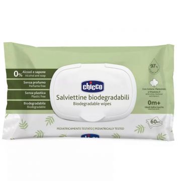Servetele umede biodegradabile fara alcool si sapun 0 luni+, 60 bucati, Chicco