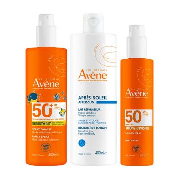 Pachet Avène – Spray protectie solara SPF 50+ 400 ml + Spray protectie solara 100% invizibil SPF 50 200 ml + Lotiune after sun, 400 ml