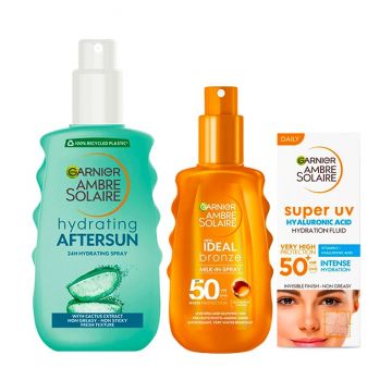 Pachet Garnier Ambre Solaire – Spray aftersun 200 ml + Spray protectie solara bronz intens SPF 50 200 ml + Crema protectie solara fata SPF 50 40 ml