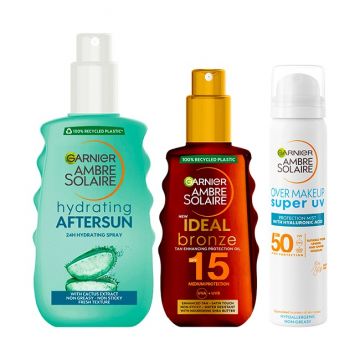Pachet Garnier Ambre Solaire – Spray aftersun hidratant, 200 ml + Ulei protectie solara bronz SPF 15, 200 ml + Spray protectie solara fata SPF 50, 75 ml