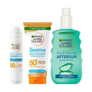 Pachet Garnier Ambre Solaire – Spray fata SPF 50 75 ml + Lapte protectie solara SPF 50 200 ml + Spray aftersun 200 ml.