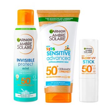 Pachet Garnier Ambre Solaire – Spray invizibil protectie solara SPF 50 200 ml + Lapte protectie solara copii SPF 50 200 ml + Stick protectie solara SPF 50 30 g