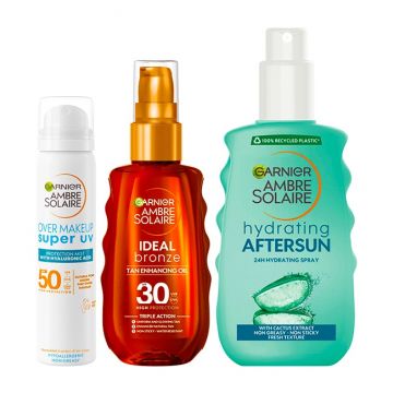 Pachet Garnier Ambre Solaire – Spray protectie solara fata SPF 50 75 ml + Ulei bronz intens SPF 30 200 ml + Spray aftersun hidratant 200 ml