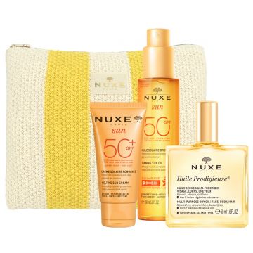 Pachet Nuxe Summer Essentials – Crema protectie solara fata SPF 50, 50 ml + Ulei bronzant anti-age SPF 50, 150 ml + Ulei uscat multifunctional Huile Prodigieuse, 50 ml + portfard textil