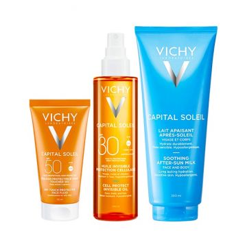 Pachet Vichy Capital Soleil – Emulsie protectie solara fata Dry Touch SPF 50, 50 ml + Ulei invizibil protectie solara SPF 30, 200 ml + Lapte after sun calmant, 300 ml