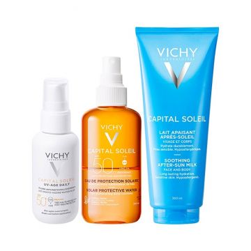 Pachet Vichy Capital Soleil – Fluid protectie solara UV-Age Daily SPF 50+, 40 ml + Apa solara protectoare SPF 50 cu beta-caroten, 200 ml + Lapte after sun calmant, 300 ml