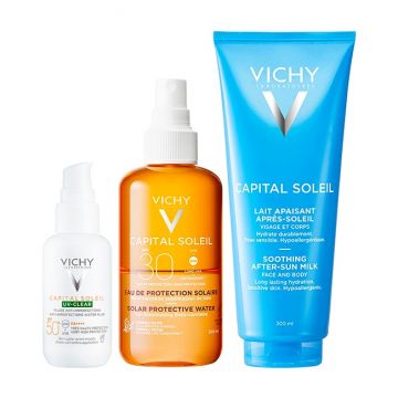 Pachet Vichy Capital Soleil – Fluid protectie solara UV-Clear SPF 50+, 50 ml + Apa solara protectoare SPF 30 cu beta-caroten, 200 ml + Lapte after sun calmant, 300 ml