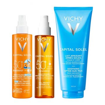Pachet Vichy Capital Soleil – Spray protectie solara copii SPF 50+, 200 ml + Ulei invizibil protectie solara SPF 50, 200 ml + Lapte after sun calmant, 300 ml