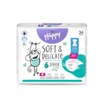 Scutece Happy Soft & Delicate 15+ kg Marimea 6 Junior Extra, 34 bucati, Bella Baby