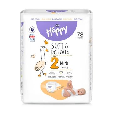 Scutece Happy Soft & Delicate 3-6 kg Mini marimea 2, 78 bucati, Bella Baby