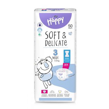 Scutece respirabile Happy 3 Midi 5-9 kg, 50 bucati, Bella Baby