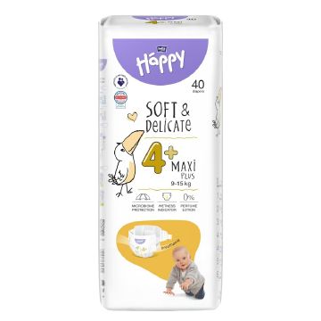 Scutece respirabile Happy Soft & Delicate 4+ Maxi Plus 9-15 kg, 40 bucati, Bella Baby