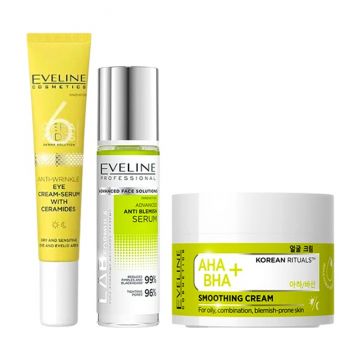 Set Eveline Cosmetics cu Crema de netezire AHA + BHA Korean Rituals 50 ml, Ser anti-imperfectiuni LAB Formula Advanced 30 ml si Crema-ser antirid pentru ochi 6 Ceramide 20 ml