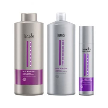 Pachet Londa Professional Deep Moisture – Sampon 1000 ml + Balsam 1000 ml + Spray leave-in 250 ml pentru hidratare intensa si netezire