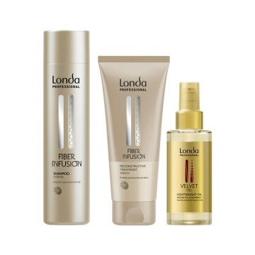 Pachet Londa Professional Fiber Infusion – Sampon 250 ml + Tratament Reconstructiv 200 ml + Ulei Velvet cu ulei de argan si vitamina E 100 ml
