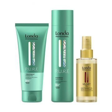 Pachet Londa Professional PURE – Sampon 250 ml + Tratament 200 ml cu unt de shea + Ulei de par Velvet Oil 100 ml