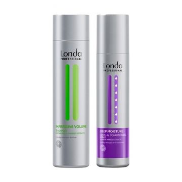 Pachet Londa Professional Volum si Hidratare – Sampon Impressive Volume 250 ml + Spray Leave-In Deep Moisture 250 ml pentru par fin si uscat