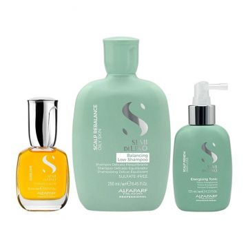 Set Alfaparf Semi di Lino Sampon Balancing, 250 ml + Tonic Energizant, 125 ml + Ulei Cristalli Liquidi 15 ml