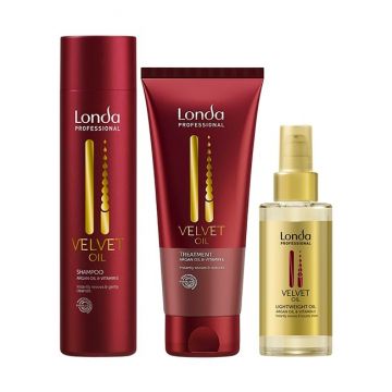 Set Londa Professional Velvet Oil – Sampon 250ml + Tratament 200ml + Ulei Argan 100ml pentru par uscat si lipsit de stralucire
