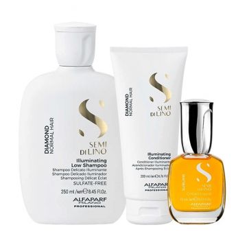 Set pentru stralucire Alfaparf Semi Di Lino Diamond Iluminating cu Sampon, 250 ml + Balsam, 200 ml + Ulei Cristalli Liquidi, 15 ml