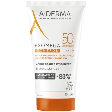Crema emolienta cu protectie solara SPF50+ pentru pielea sensibila Exomega Control A-derma, 150 ml Crema emolienta cu protectie solara SPF50+ pentru pielea sensibila Exomega Control A-derma, 150 ml
