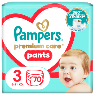 Scutece chilotel Premium Care Pants Mega Box Marimea 3 6-11 kg, 70 bucati, Pampers