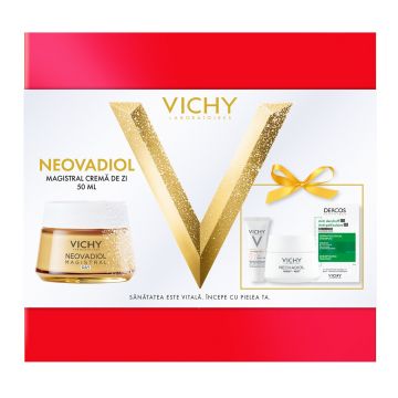 Pachet Crema de zi Novadiol Magistral, 50 ml + Crema de noapte Neovadiol Magistral, 15 ml + Fluid cu SPF 50+ Capital Soleil, 3 ml + Sampon anti-matreata Dercos, 6 ml, Vichy