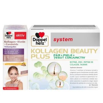 Pachet  Kollagen Beauty Plus 30 flacoane + Kollagen Aktiv Ceramide10 flacoane, Doppelherz