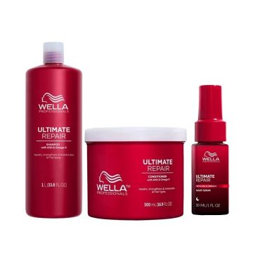 Pachet Wella Professionals Ultimate Repair – Sampon 1000 ml + Balsam tratament 500 ml + Ser de noapte 30 ml Pachet Wella Professionals Ultimate Repair – Sampon 1000 ml + Balsam tratament 500 ml + Ser de noapte 30 ml