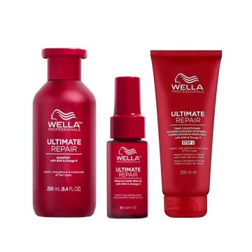 Pachet Wella Professionals Ultimate Repair – Sampon 250 ml + Balsam 200 ml + Tratament Miracle Hair Rescue 30 ml Pachet Wella Professionals Ultimate Repair – Sampon 250 ml + Balsam 200 ml + Tratament Miracle Hair Rescue 30 ml