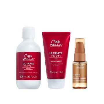 Pachet Wella Professionals Ultimate Repair & Smooth – Sampon 100 ml + Masca 75 ml + Ulei Miracle Serum Ultimate Smooth, 30 ml Pachet Wella Professionals Ultimate Repair & Smooth – Sampon 100 ml + Masca 75 ml + Ulei Miracle Serum Ultimate Smooth, 30 ml