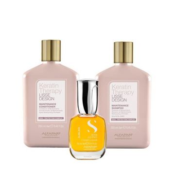 Set Alfaparf Keratin Therapy Lisse Design – Sampon 250 ml + Balsam 250 ml + Ulei Cristalli Liquidi 15 ml