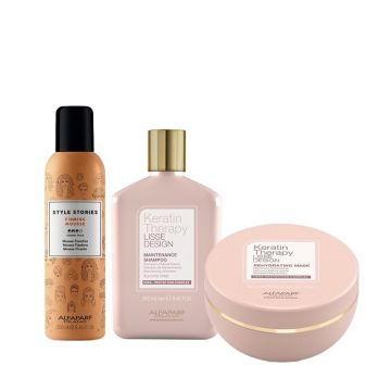 Set Alfaparf Keratin Therapy Lisse Design – Sampon Maintenance 250 ml + Masca Rehydrating 200 ml + Spuma Fixativa Style Stories Firming 250 ml Set Alfaparf Keratin Therapy Lisse Design – Sampon Maintenance 250 ml + Masca Rehydrating 200 ml + Spuma Fixativa Style Stories Firming 250 ml