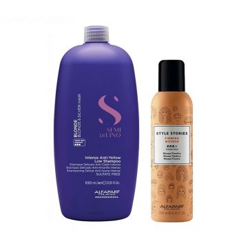 Set Alfaparf Semi di Lino Blonde – Sampon Intense Anti-Yellow Low 1000 ml + Spuma Style Stories Firming Mousse 250 ml Set Alfaparf Semi di Lino Blonde – Sampon Intense Anti-Yellow Low 1000 ml + Spuma Style Stories Firming Mousse 250 ml