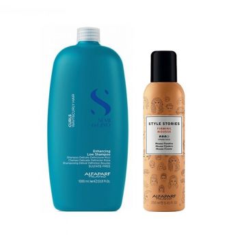 Set Alfaparf Semi di Lino Curls – Sampon Enhancing 1000 ml + Spuma Style Stories Firming Mousse 250 ml