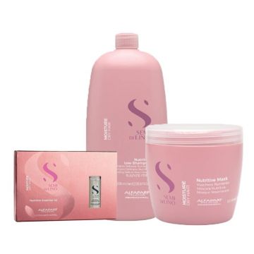 Set Alfaparf Semi Di Lino Moisture Nutritive Sampon, 1000 ml + Masca, 500 ml + Ulei Nutritive Essential Oil, 6 fiole x 13 ml Set Alfaparf Semi Di Lino Moisture Nutritive Sampon, 1000 ml + Masca, 500 ml + Ulei Nutritive Essential Oil, 6 fiole x 13 ml
