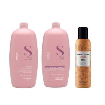 Set Alfaparf Semi di Lino Moisture – Sampon, 1000 ml + Balsam Leave-In, 1000 ml + Spuma Style Stories Firming 250 ml