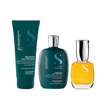 Set Alfaparf Semi di Lino Reconstruction – Sampon 250 ml + Sampon Travel Size 75 ml + Ulei Cristalli Liquidi 15 ml