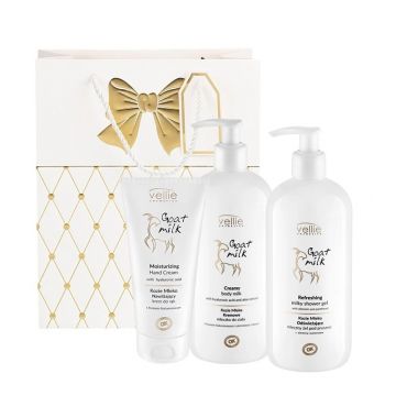 Set Vellie Cosmetics Goat Milk – Crema hidratanta de maini, 100 ml, Lapte de corp cremos, 500 ml si Gel de dus, 500 ml Set Vellie Cosmetics Goat Milk – Crema hidratanta de maini, 100 ml, Lapte de corp cremos, 500 ml si Gel de dus, 500 ml